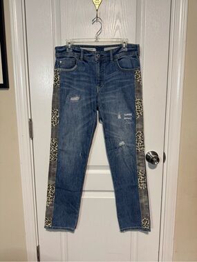 Pilcro and the Letterpress Blue Straight-Leg Jeans with Leopard Side Panels